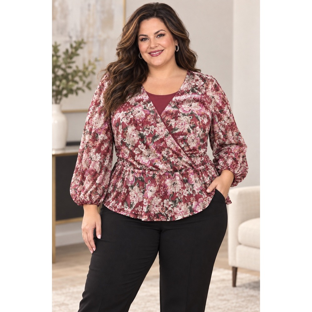 LC Lauren Conrad Womens 4X Floral Sequin Surplice Peplum Blouse Burgundy Pink